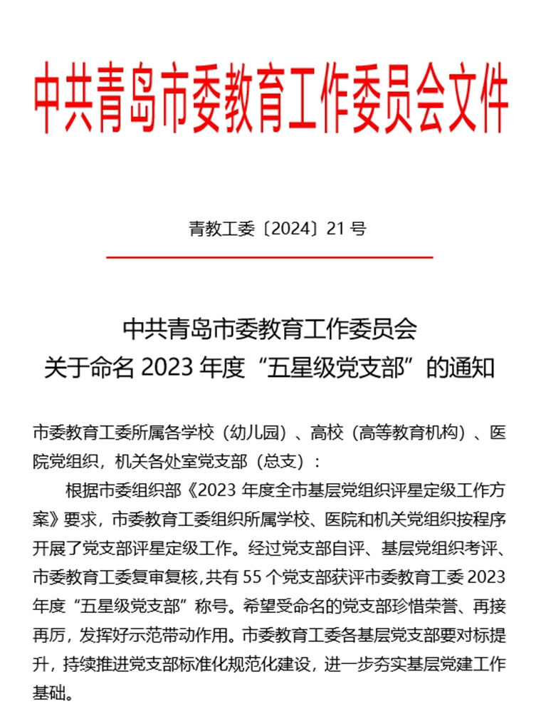 红足—世官网四个党支部荣获青岛市委教育工委2023年度“五星级党支部”称号